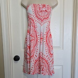VENUS Strapless Dress with Pink and White Pattern